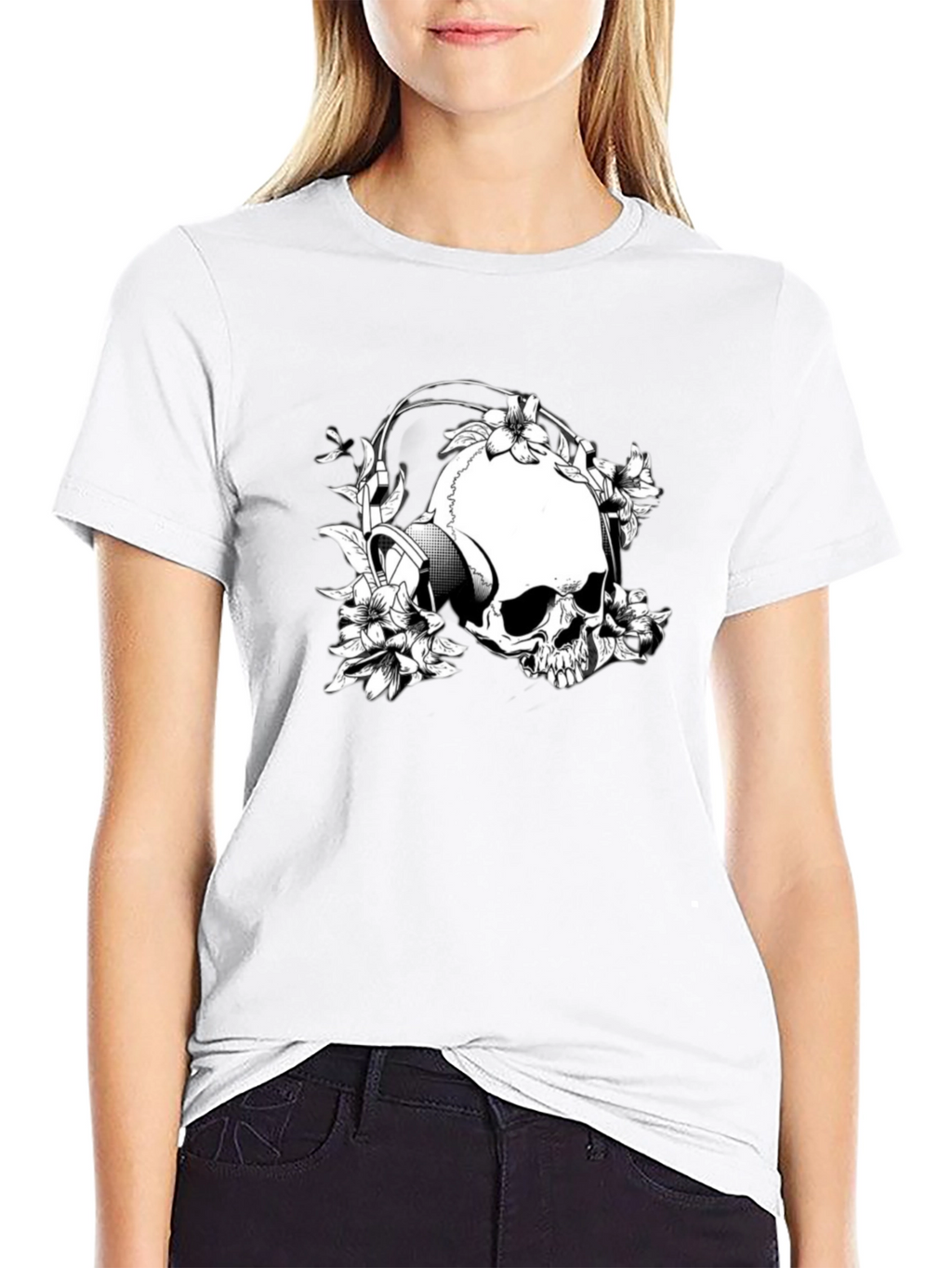 Skull & Flowers Graphic T-Shirt - Black