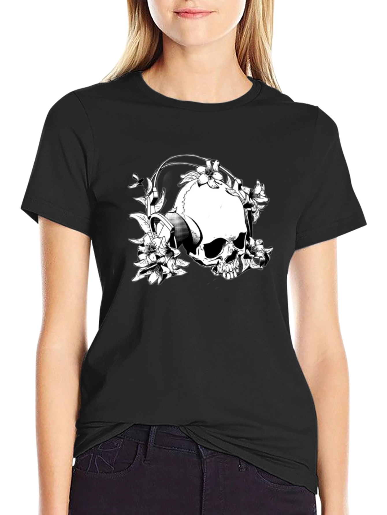 Skull & Flowers Graphic T-Shirt - Black