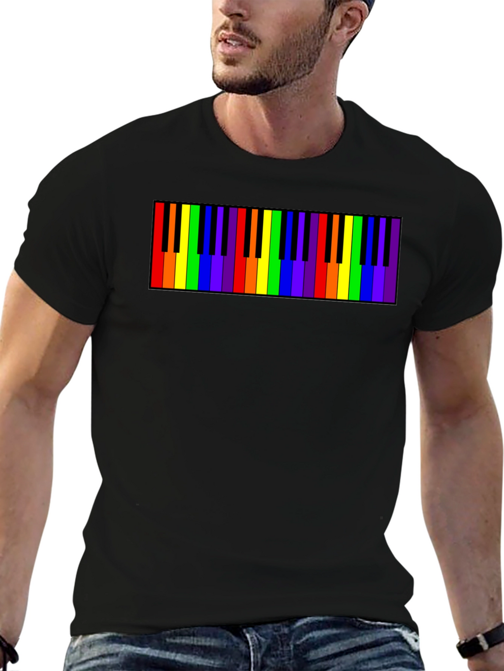 Rainbow Piano Keys Graphic Tee - Black Cotton T-Shirt