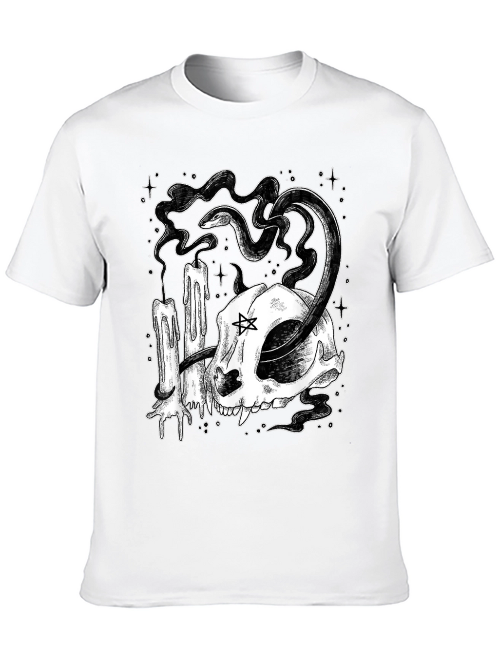 Mystic Cat Skull Tee - Occult Candle Snake Design
