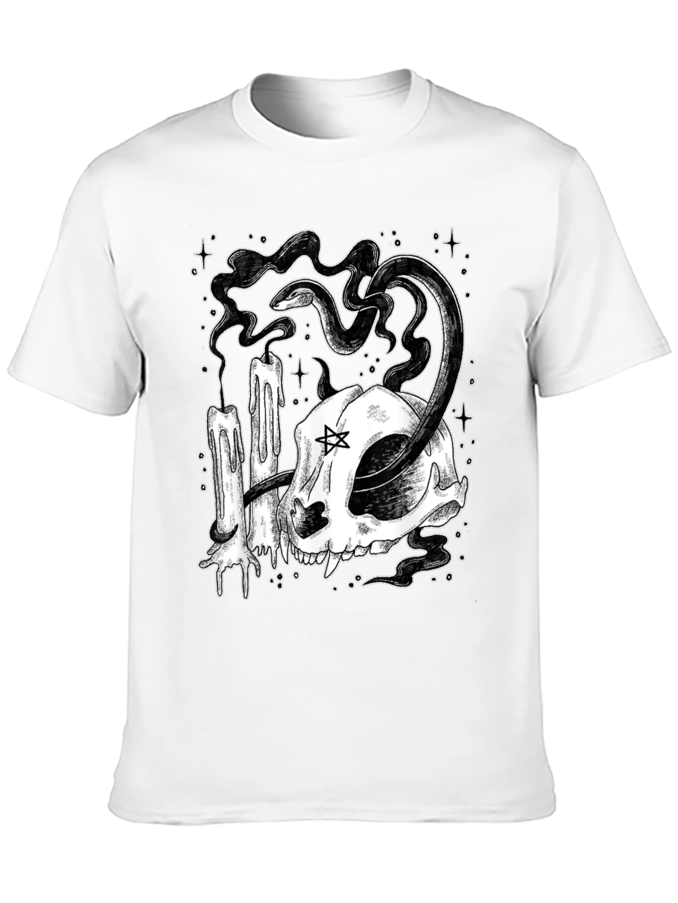 Mystic Cat Skull Tee - Occult Candle Snake Design