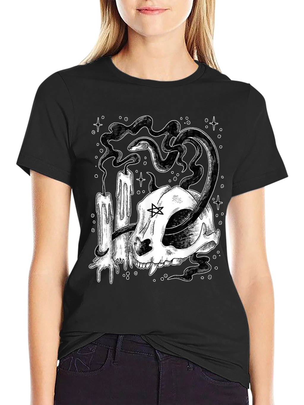Mystic Cat Skull Tee - Occult Candle Snake Design