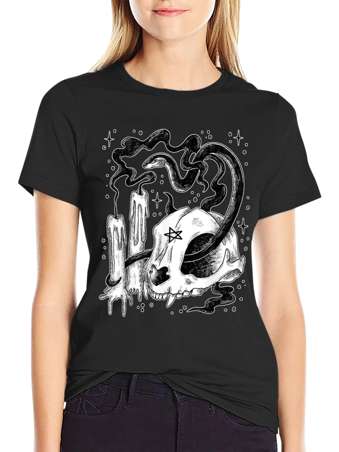 Mystic Cat Skull Tee - Occult Candle Snake Design