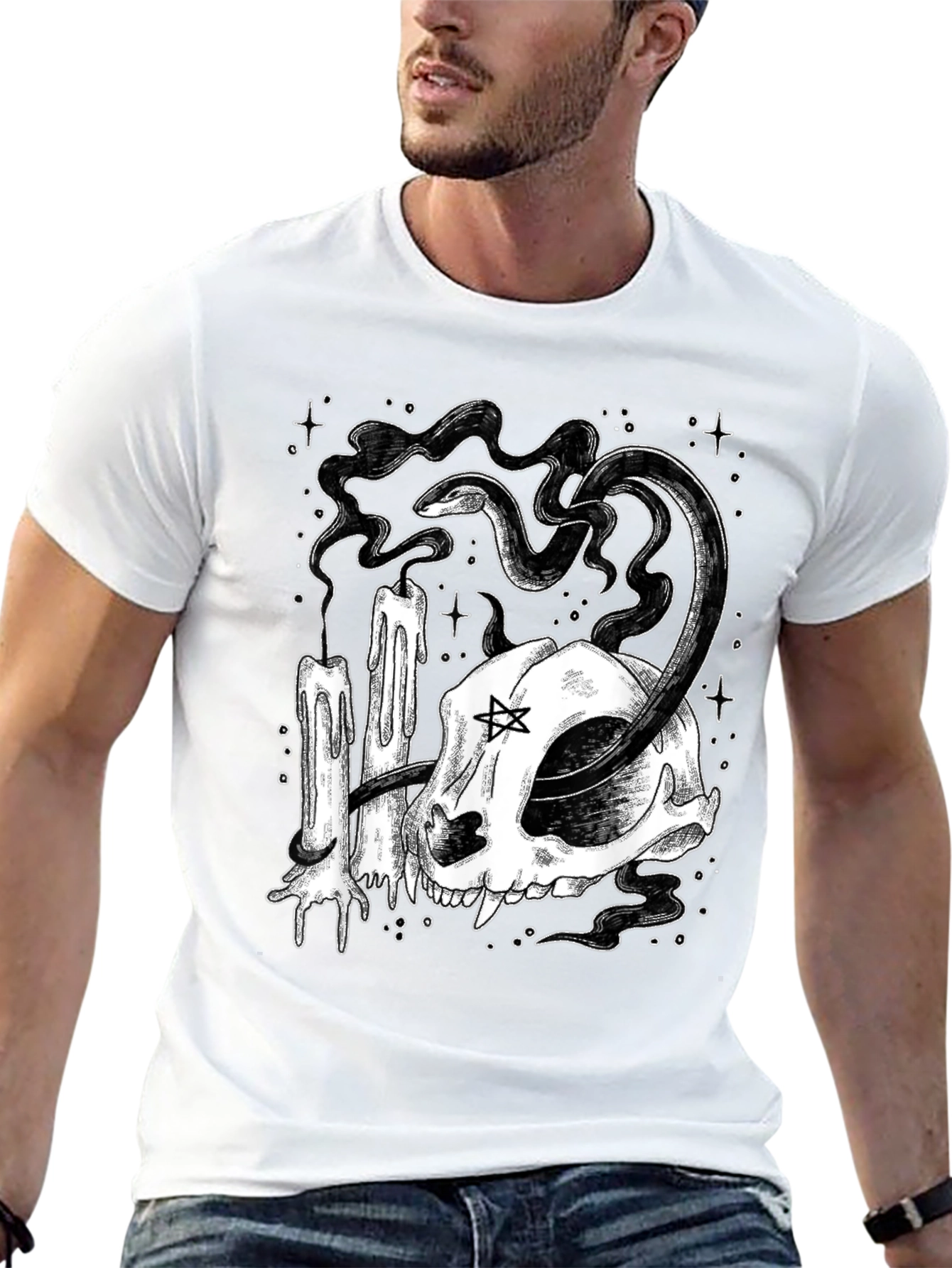 Mystic Cat Skull Tee - Occult Candle Snake Design