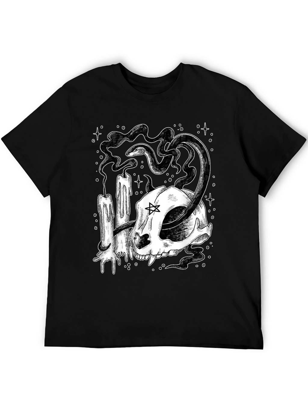 Mystic Cat Skull Tee - Occult Candle Snake Design