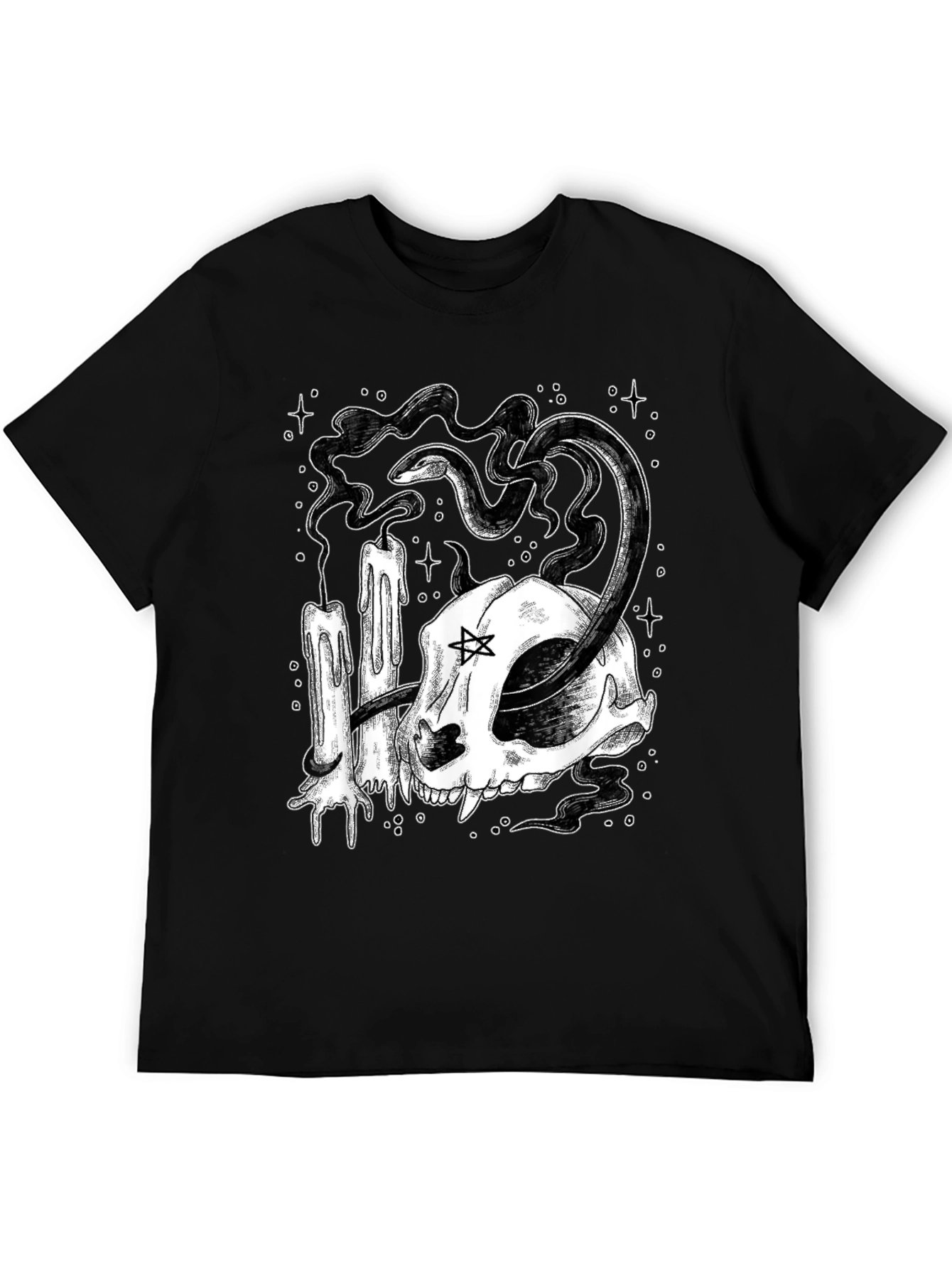 Mystic Cat Skull Tee - Occult Candle Snake Design