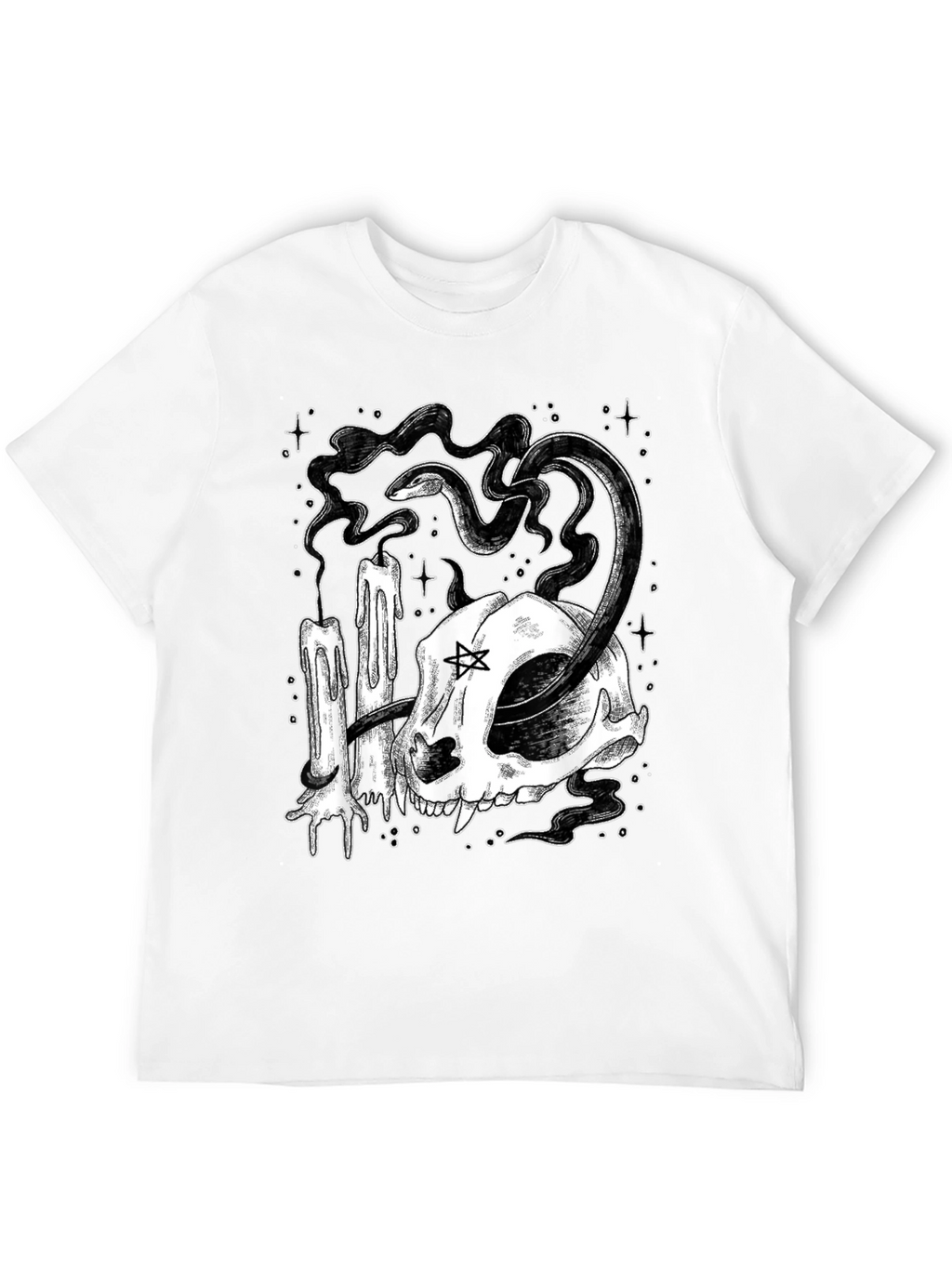 Mystic Cat Skull Tee - Occult Candle Snake Design