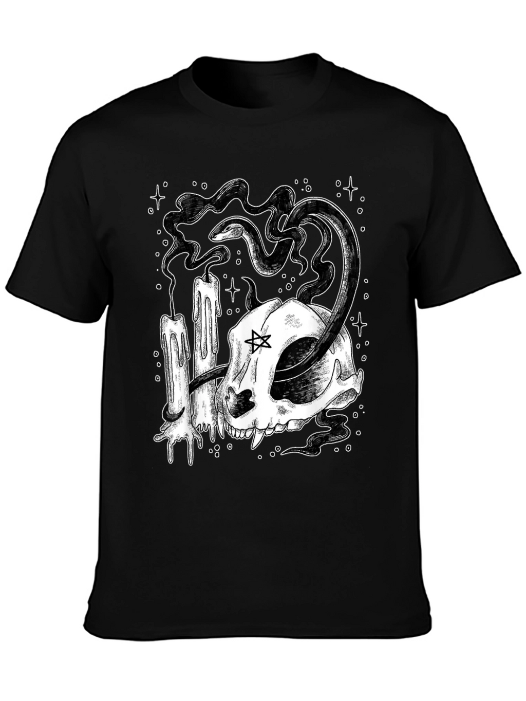 Mystic Cat Skull Tee - Occult Candle Snake Design
