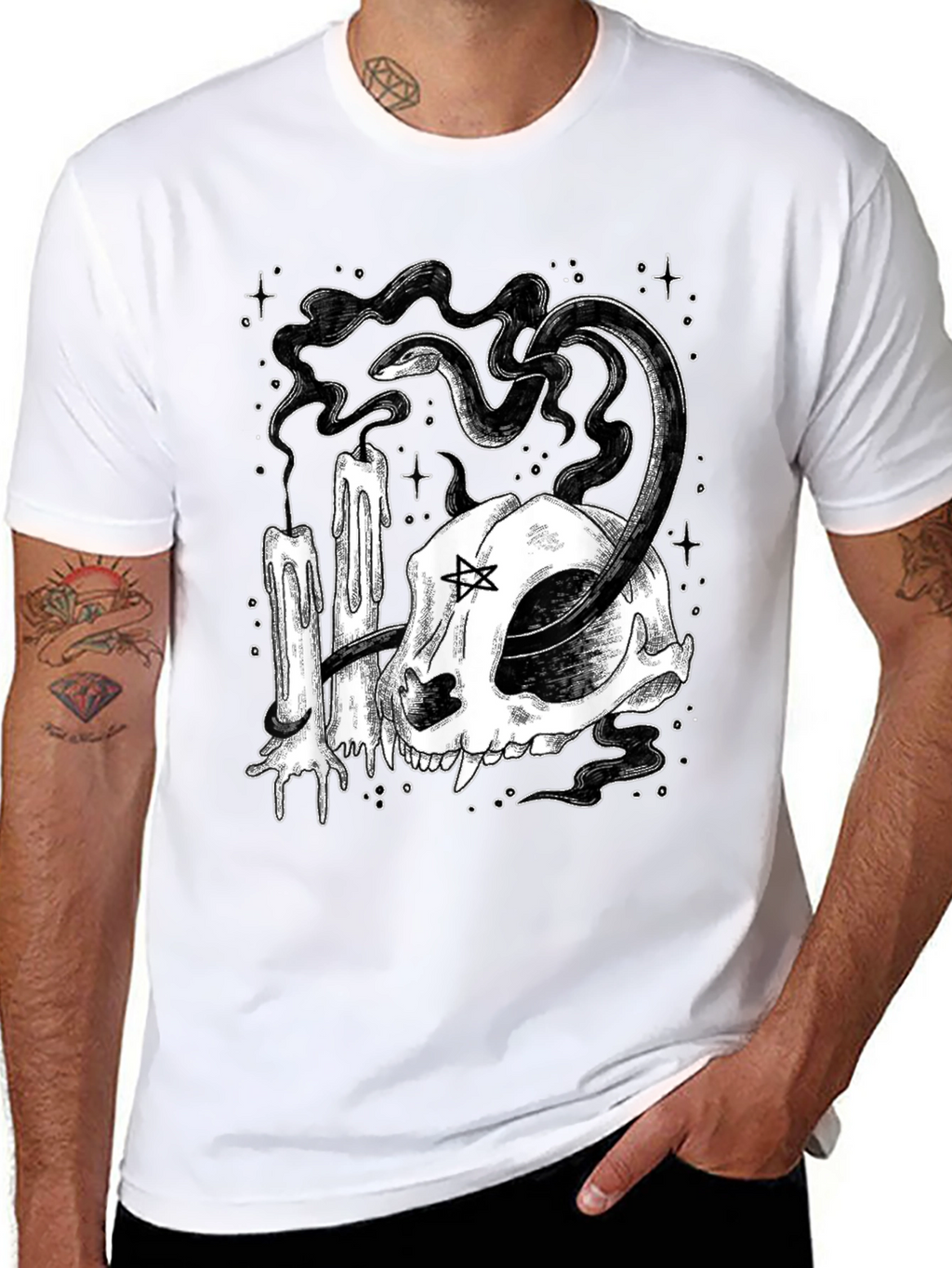 Mystic Cat Skull Tee - Occult Candle Snake Design