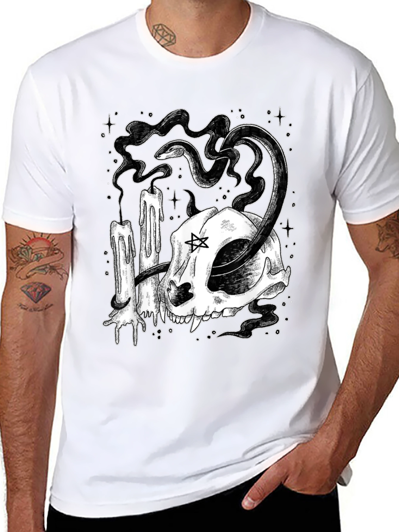 Mystic Cat Skull Tee - Occult Candle Snake Design