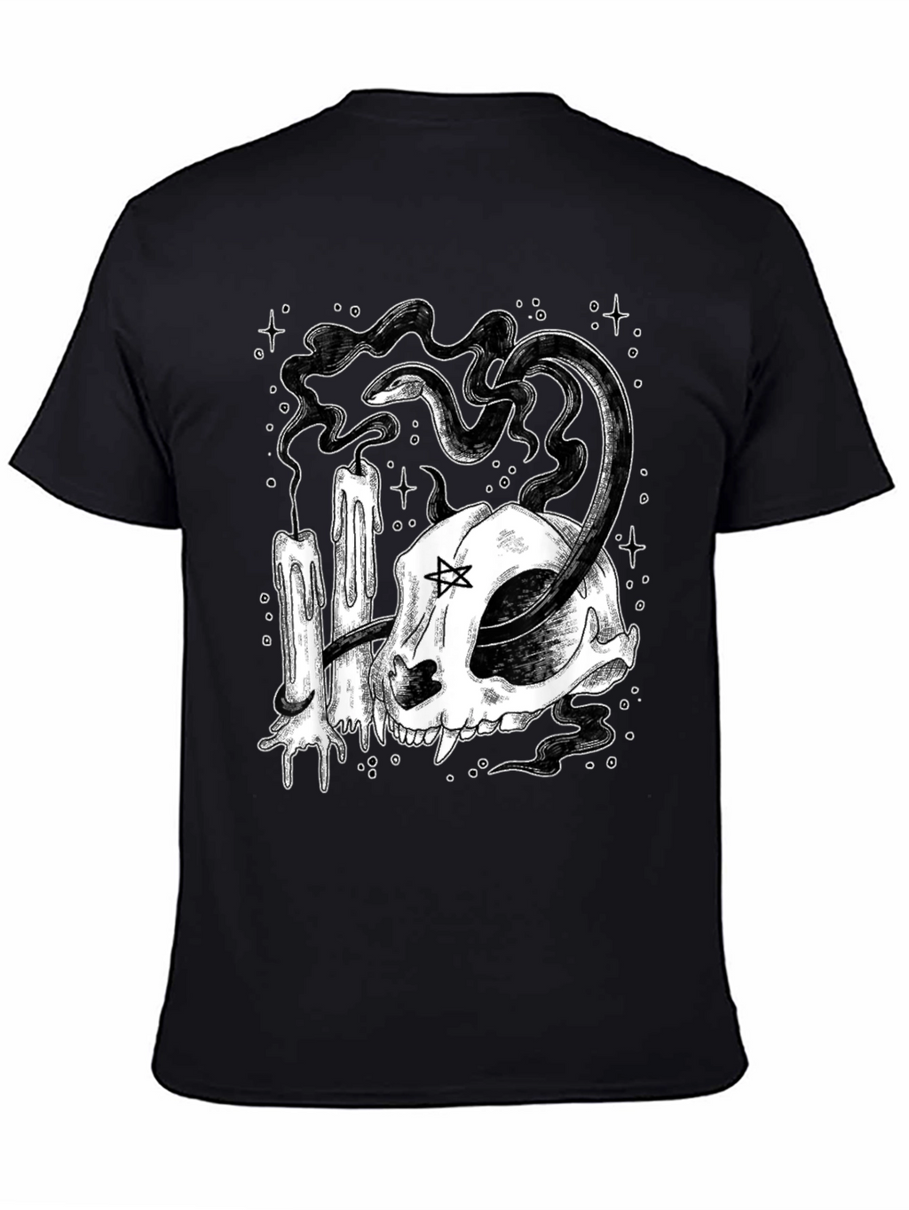 Mystic Cat Skull Tee - Occult Candle Snake Design