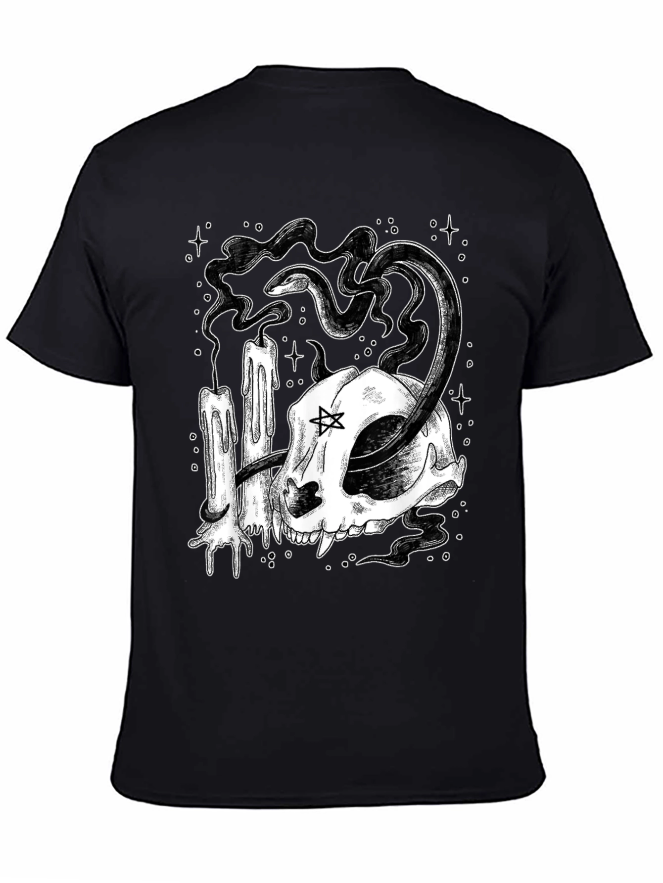 Mystic Cat Skull Tee - Occult Candle Snake Design