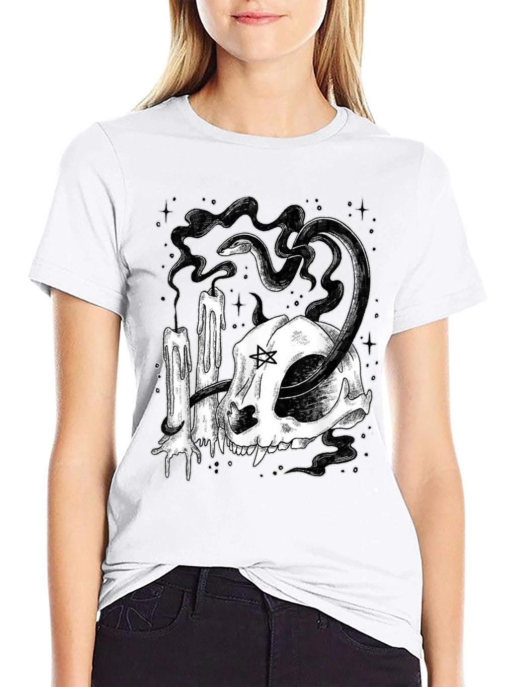 Mystic Cat Skull Tee - Occult Candle Snake Design