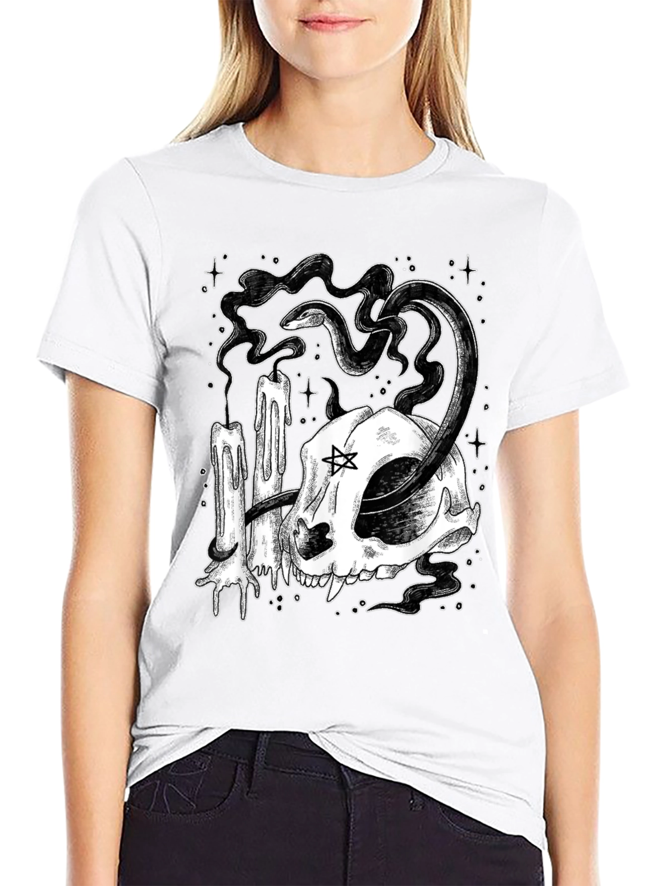Mystic Cat Skull Tee - Occult Candle Snake Design