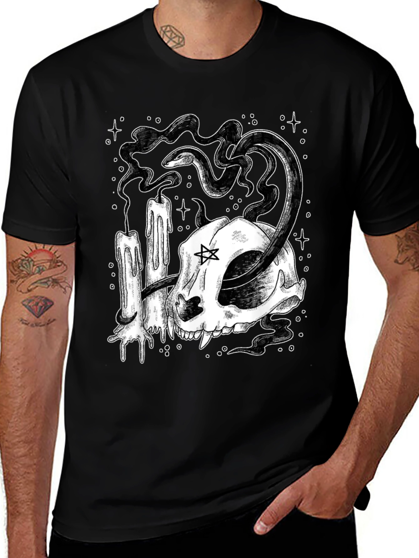 Mystic Cat Skull Tee - Occult Candle Snake Design