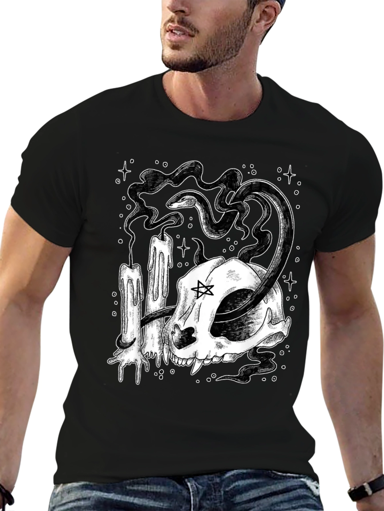 Mystic Cat Skull Tee - Occult Candle Snake Design