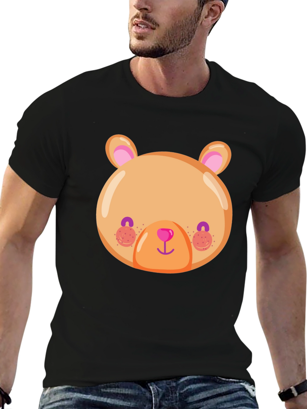 Cute Bear Face Graphic Tee - Soft Black T-Shirt