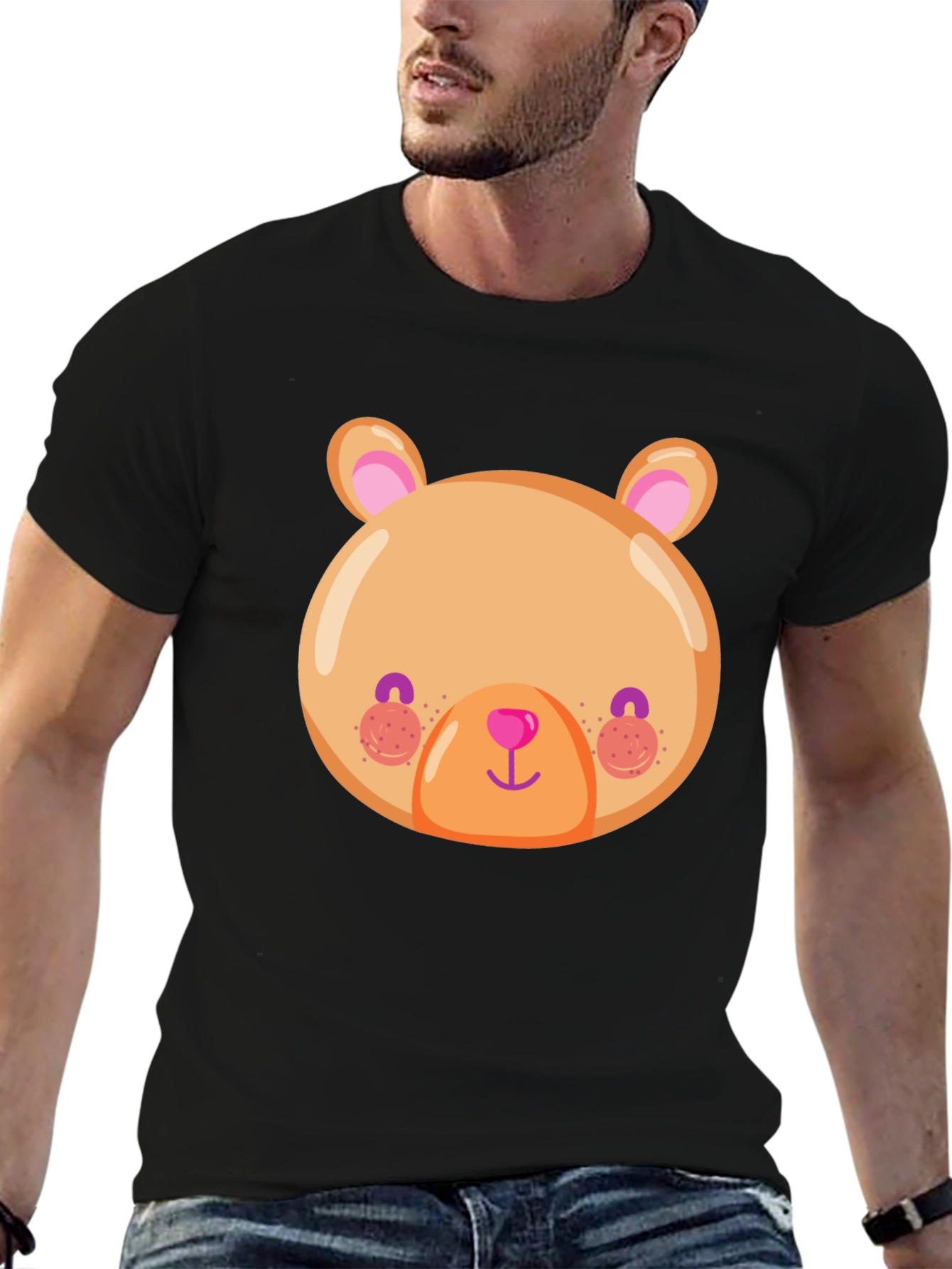 Cute Bear Face Graphic Tee - Soft Black T-Shirt