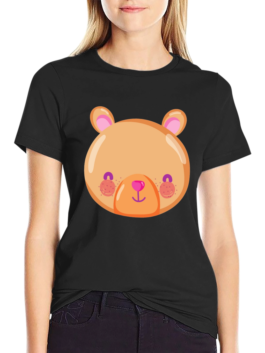 Cute Bear Face Graphic Tee - Soft Black T-Shirt