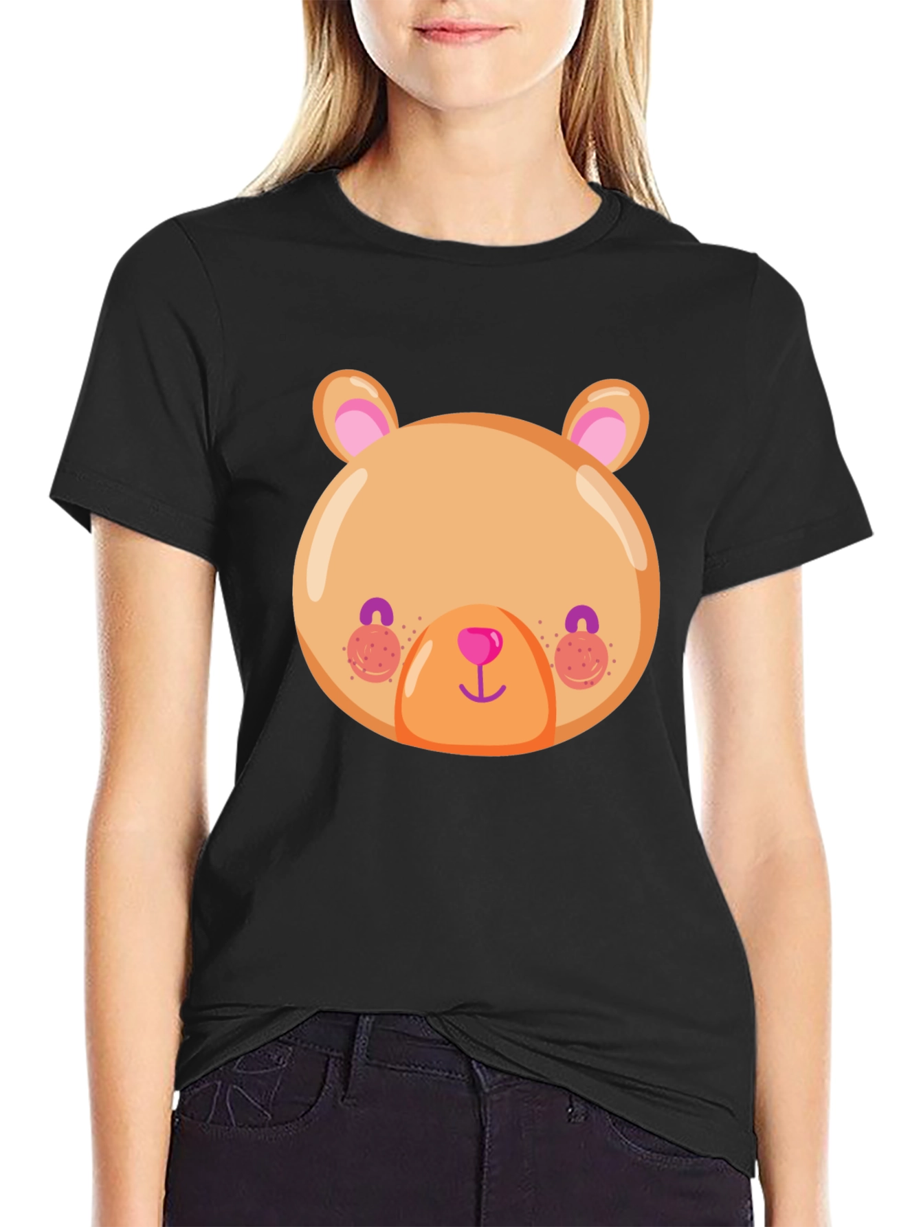 Cute Bear Face Graphic Tee - Soft Black T-Shirt