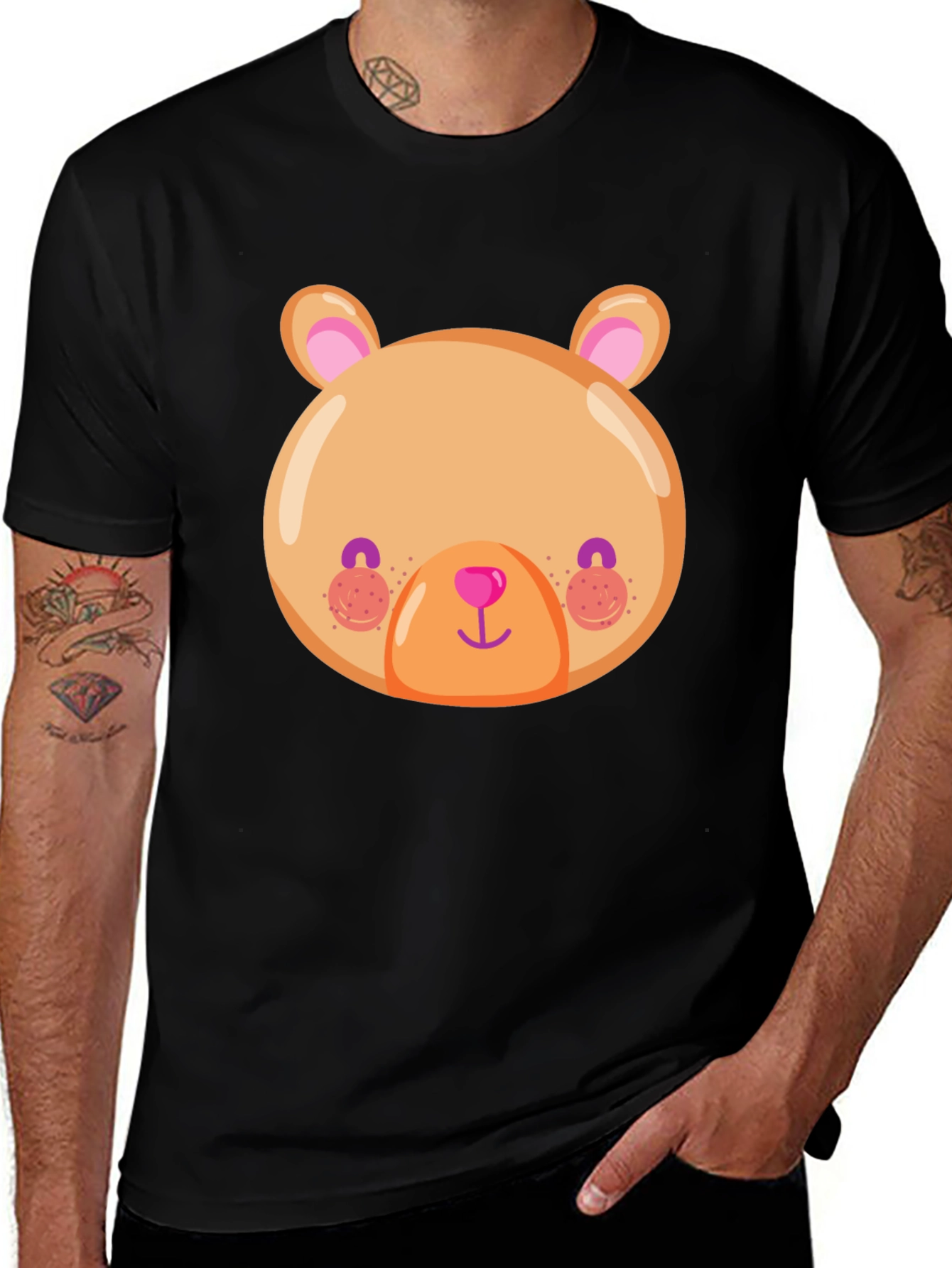 Cute Bear Face Graphic Tee - Soft Black T-Shirt