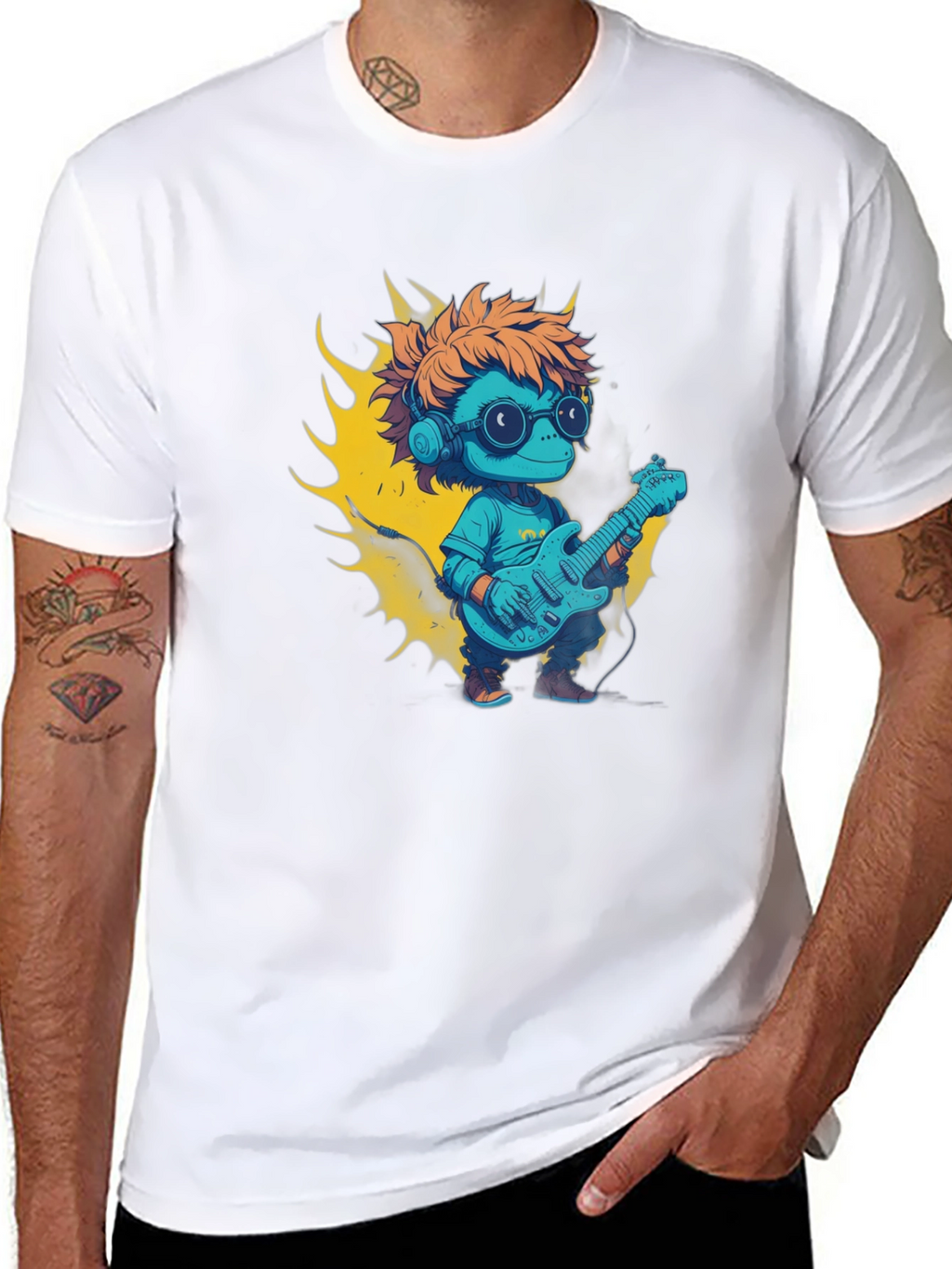 Cartoon Lizard Playing Guitar Graphic Tee