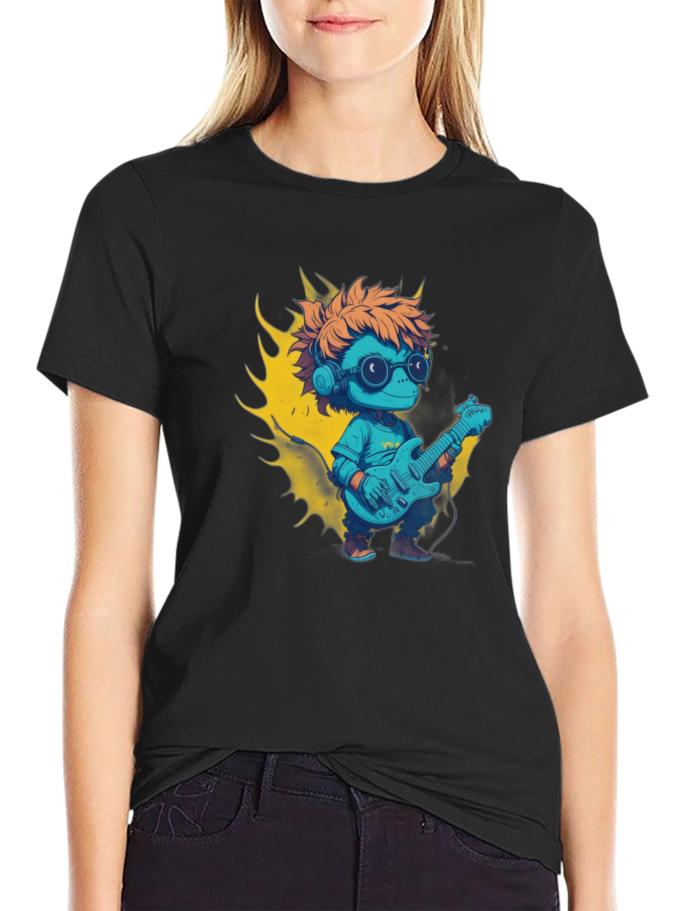 Cartoon Lizard Playing Guitar Graphic Tee
