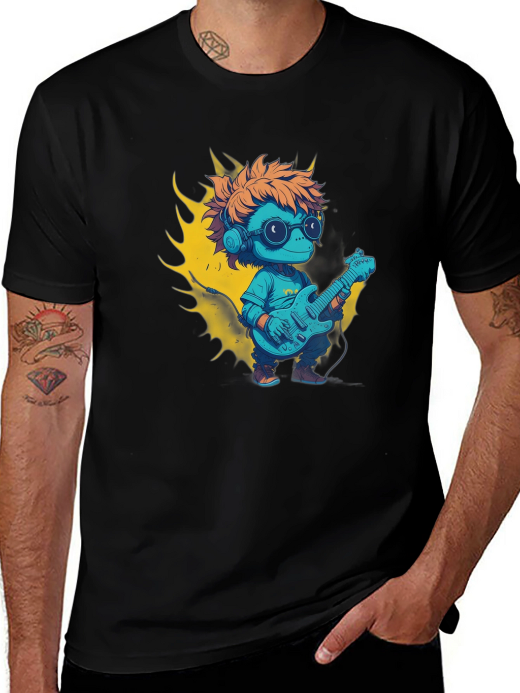 Cartoon Lizard Playing Guitar Graphic Tee