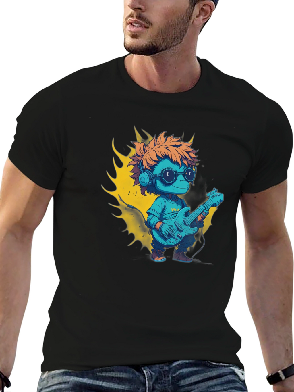 Cartoon Lizard Playing Guitar Graphic Tee