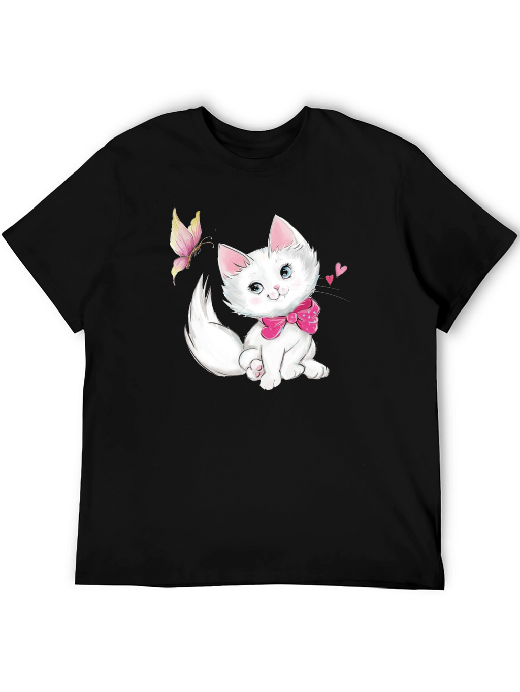 Cute Kitten & Butterfly Black T-Shirt