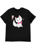 Cute Kitten & Butterfly Black T-Shirt