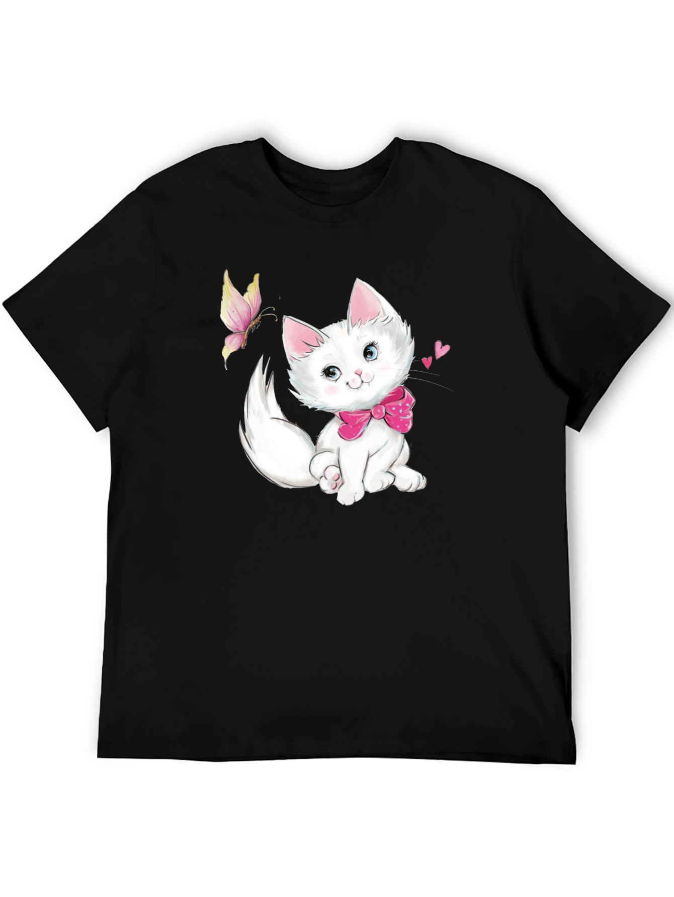 Cute Kitten & Butterfly Black T-Shirt