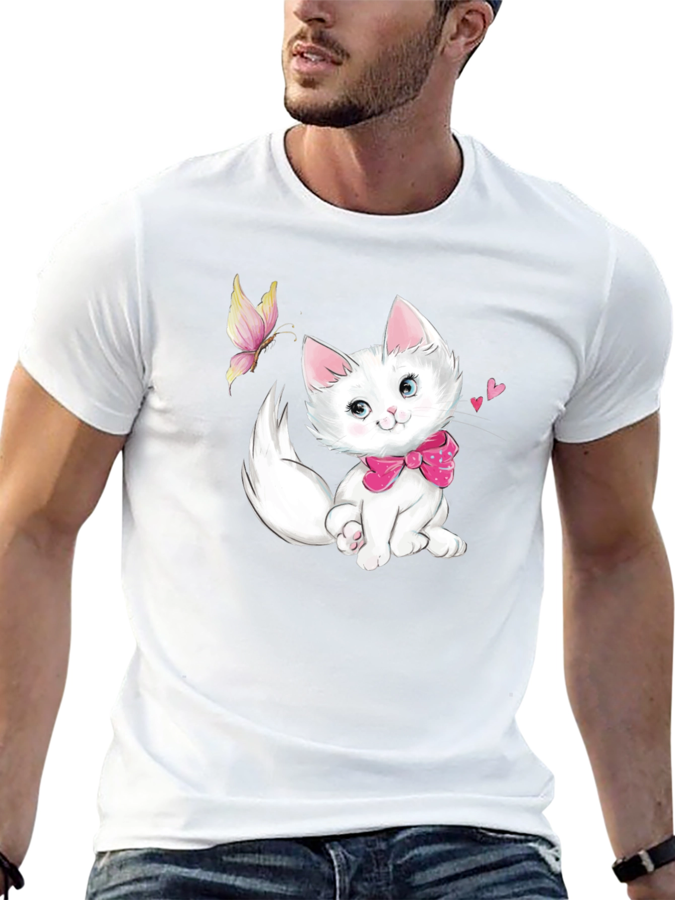 Cute Kitten & Butterfly Black T-Shirt