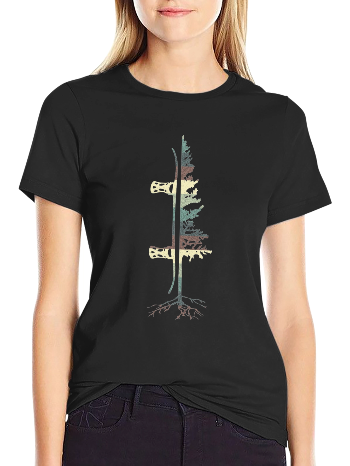 Ski & Tree Graphic Tee - Black Cotton Blend