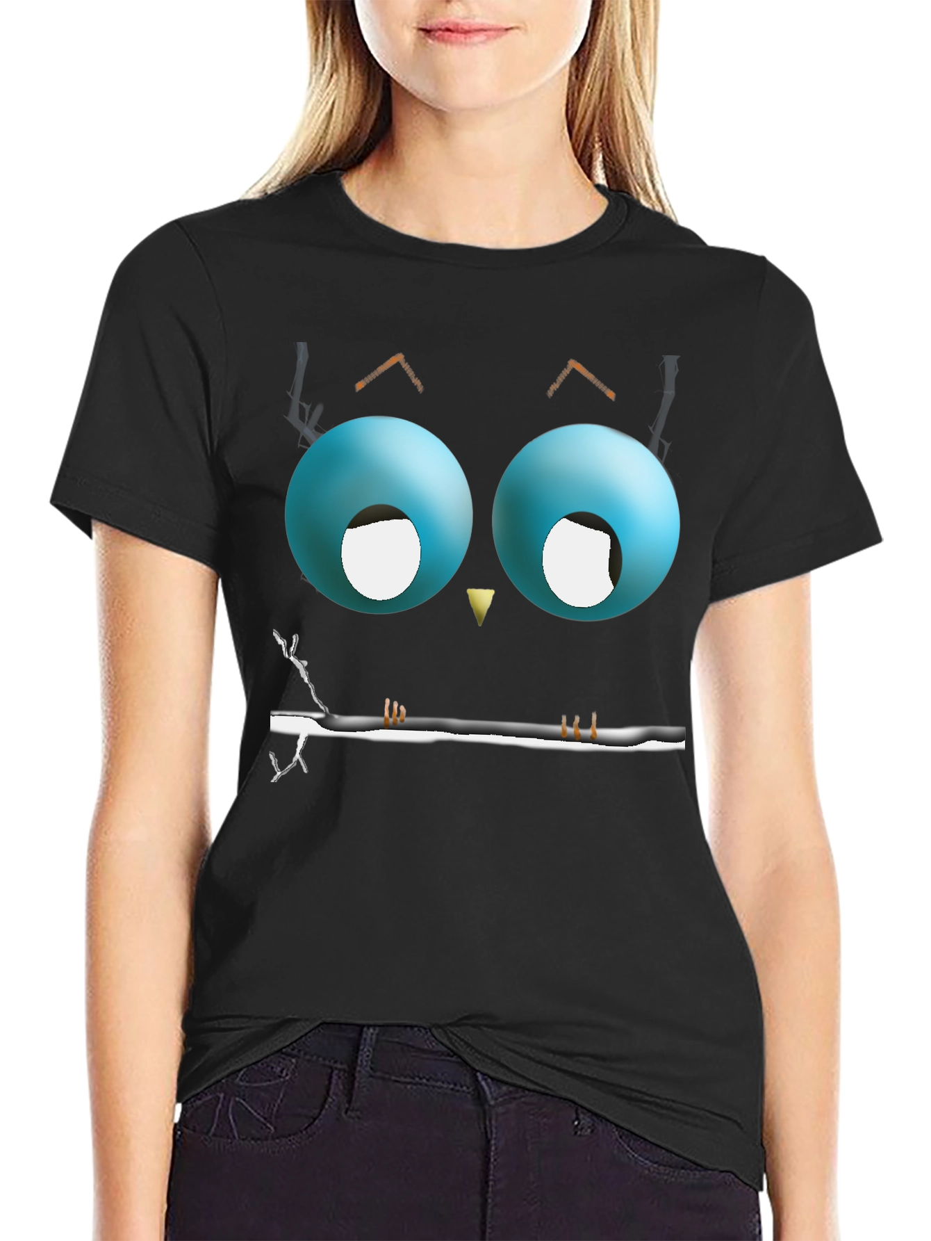 Cartoon Owl Eyes T-Shirt - Mens Black Graphic Tee