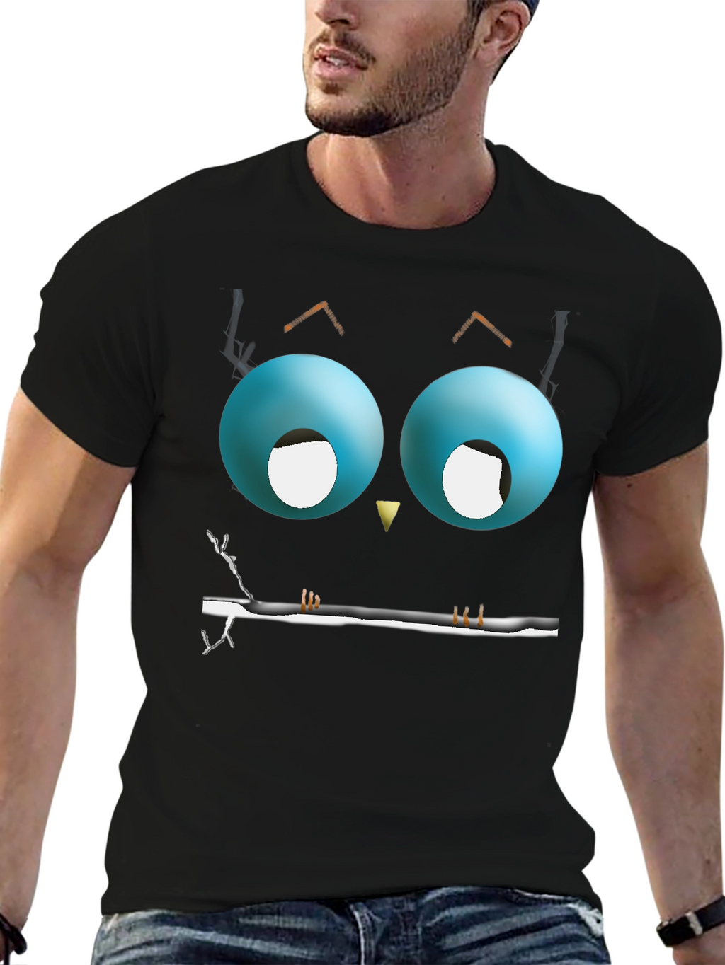 Cartoon Owl Eyes T-Shirt - Mens Black Graphic Tee