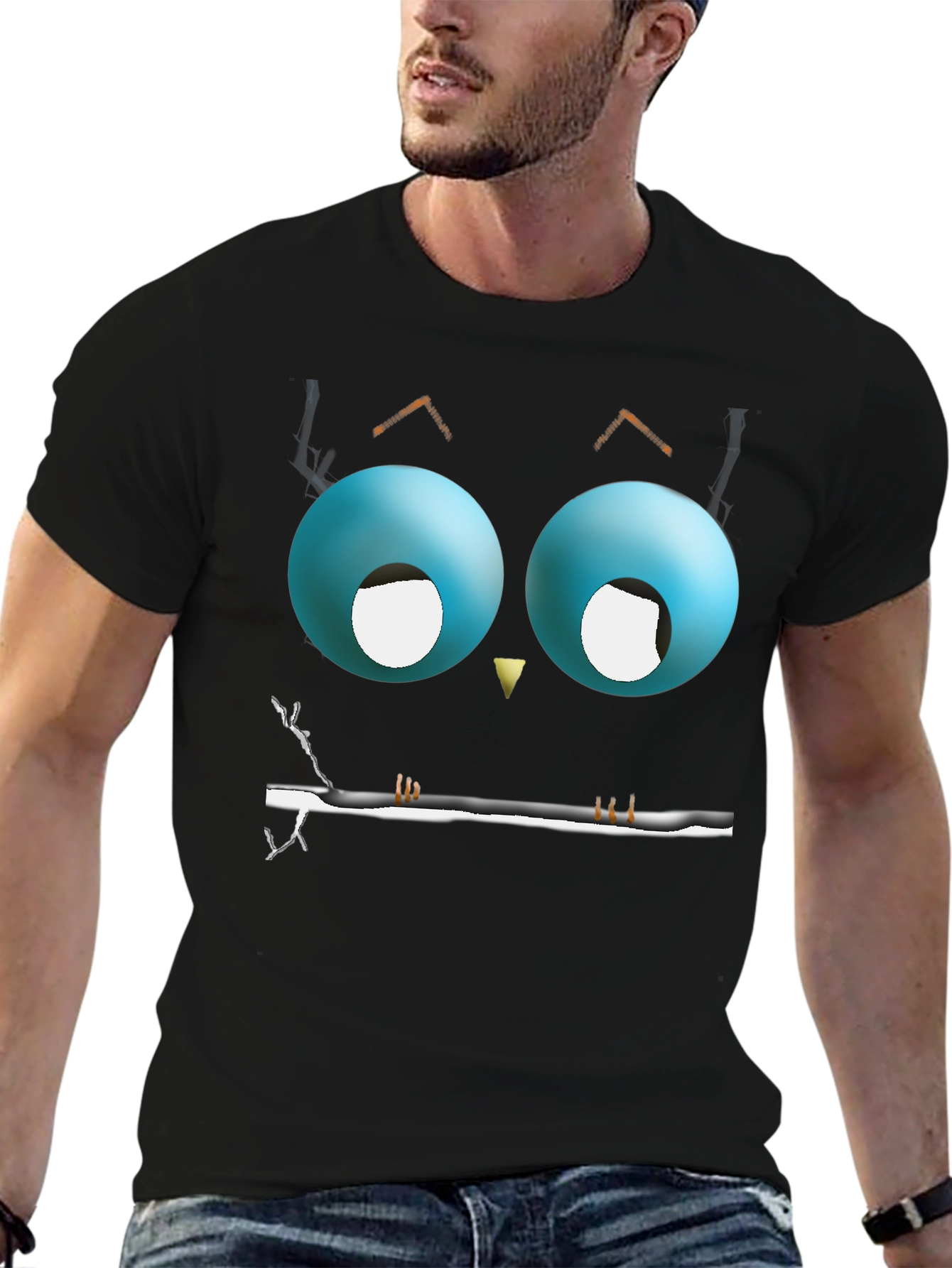 Cartoon Owl Eyes T-Shirt - Mens Black Graphic Tee