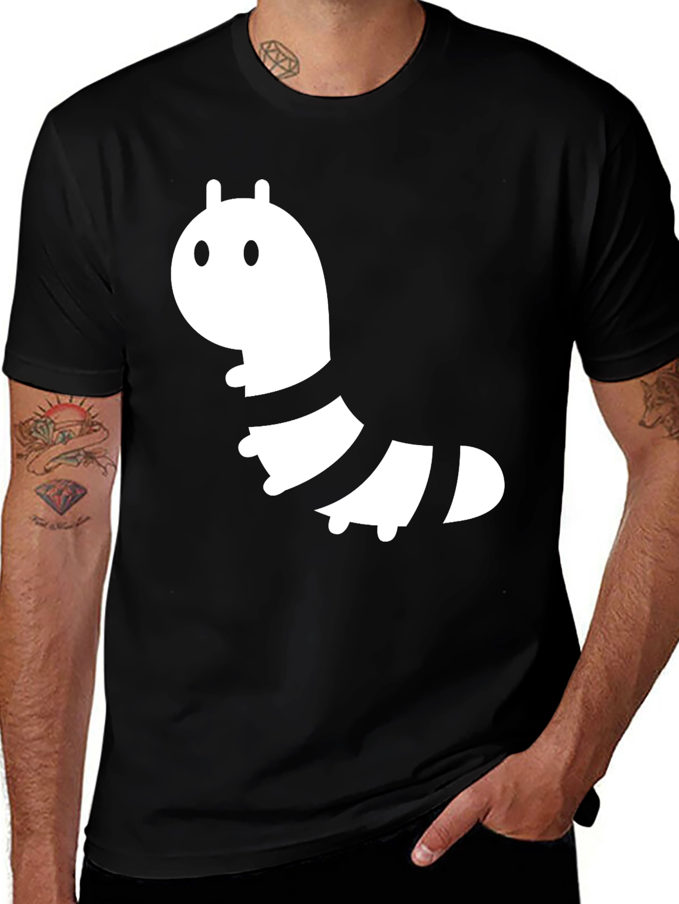 Cute Cartoon Caterpillar Graphic Black T-Shirt
