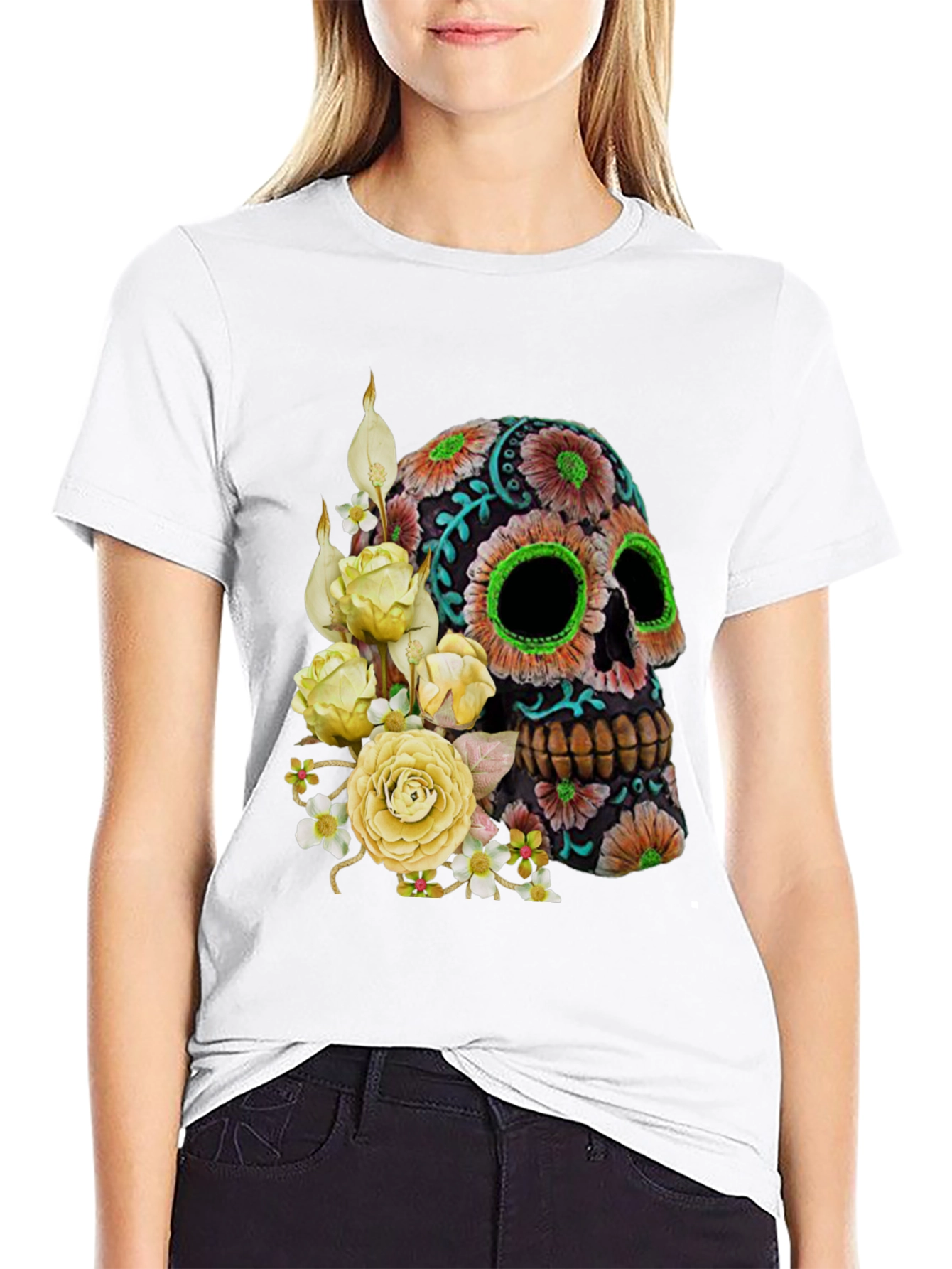 Floral Sugar Skull T-Shirt - Black