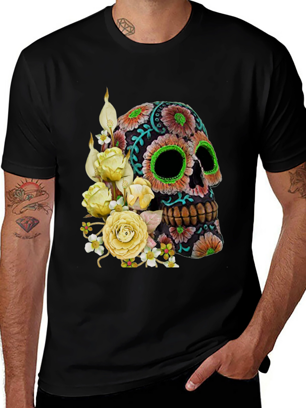 Floral Sugar Skull T-Shirt - Black