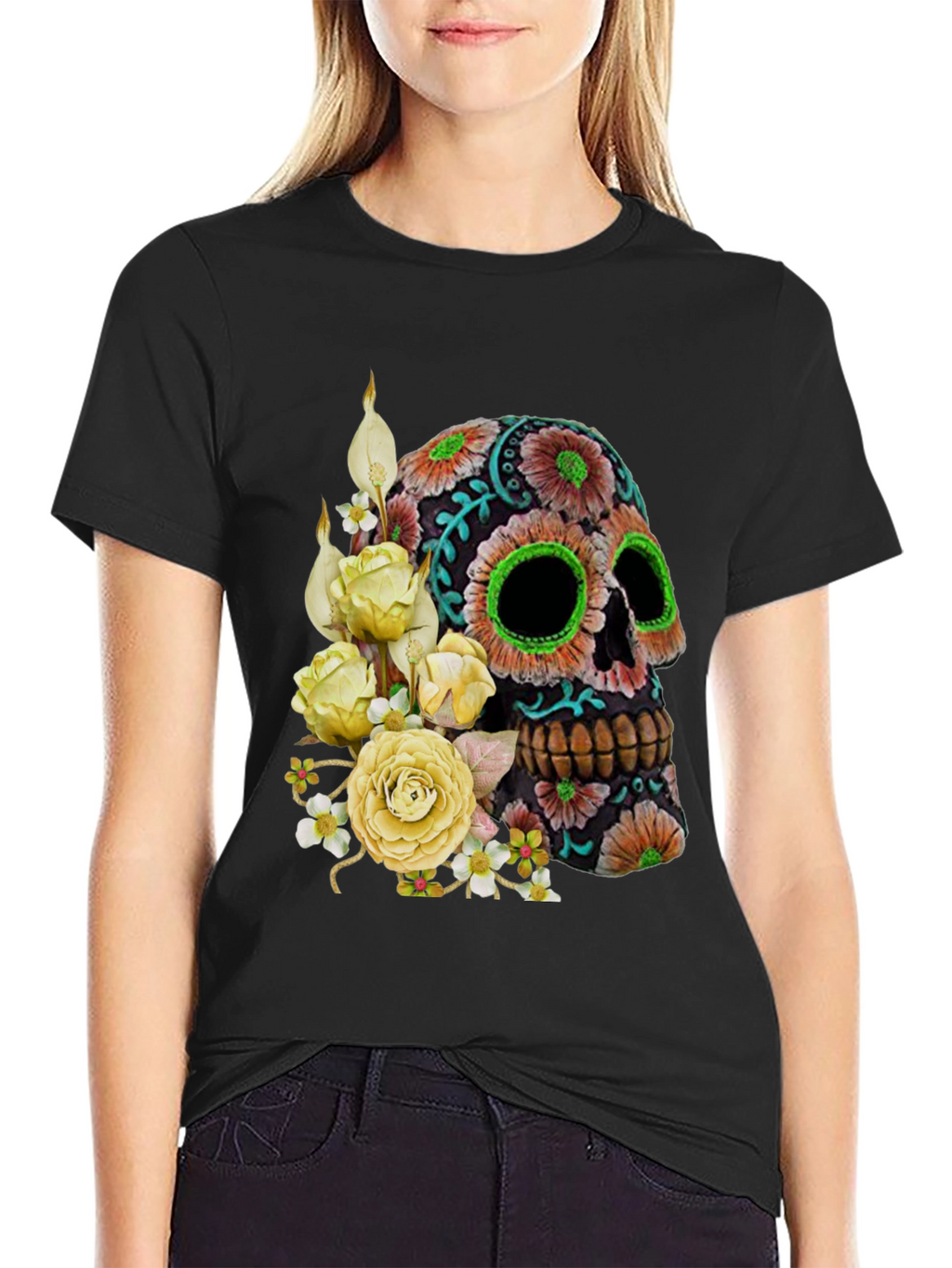 Floral Sugar Skull T-Shirt - Black