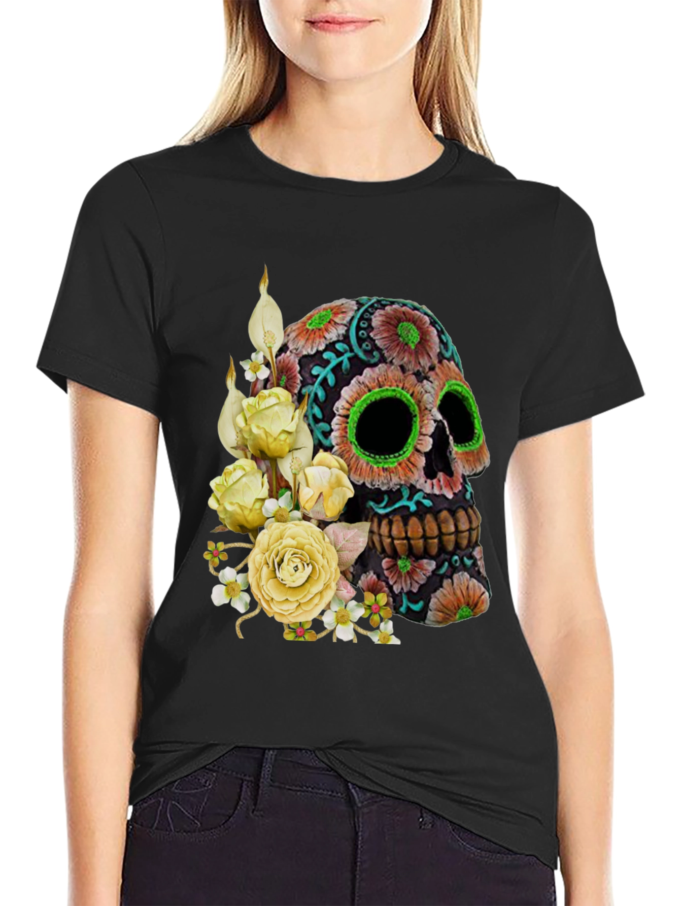 Floral Sugar Skull T-Shirt - Black