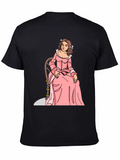 Cartoon Woman Pink Dress Black T-Shirt
