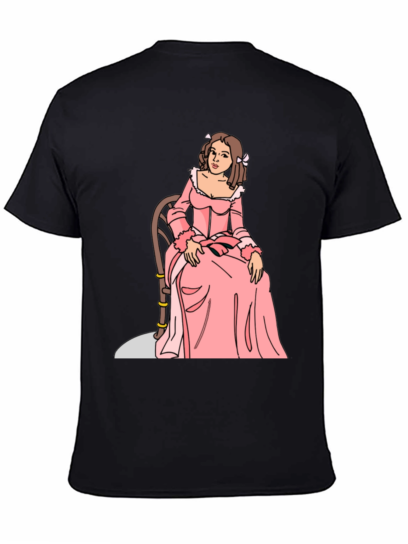 Cartoon Woman Pink Dress Black T-Shirt