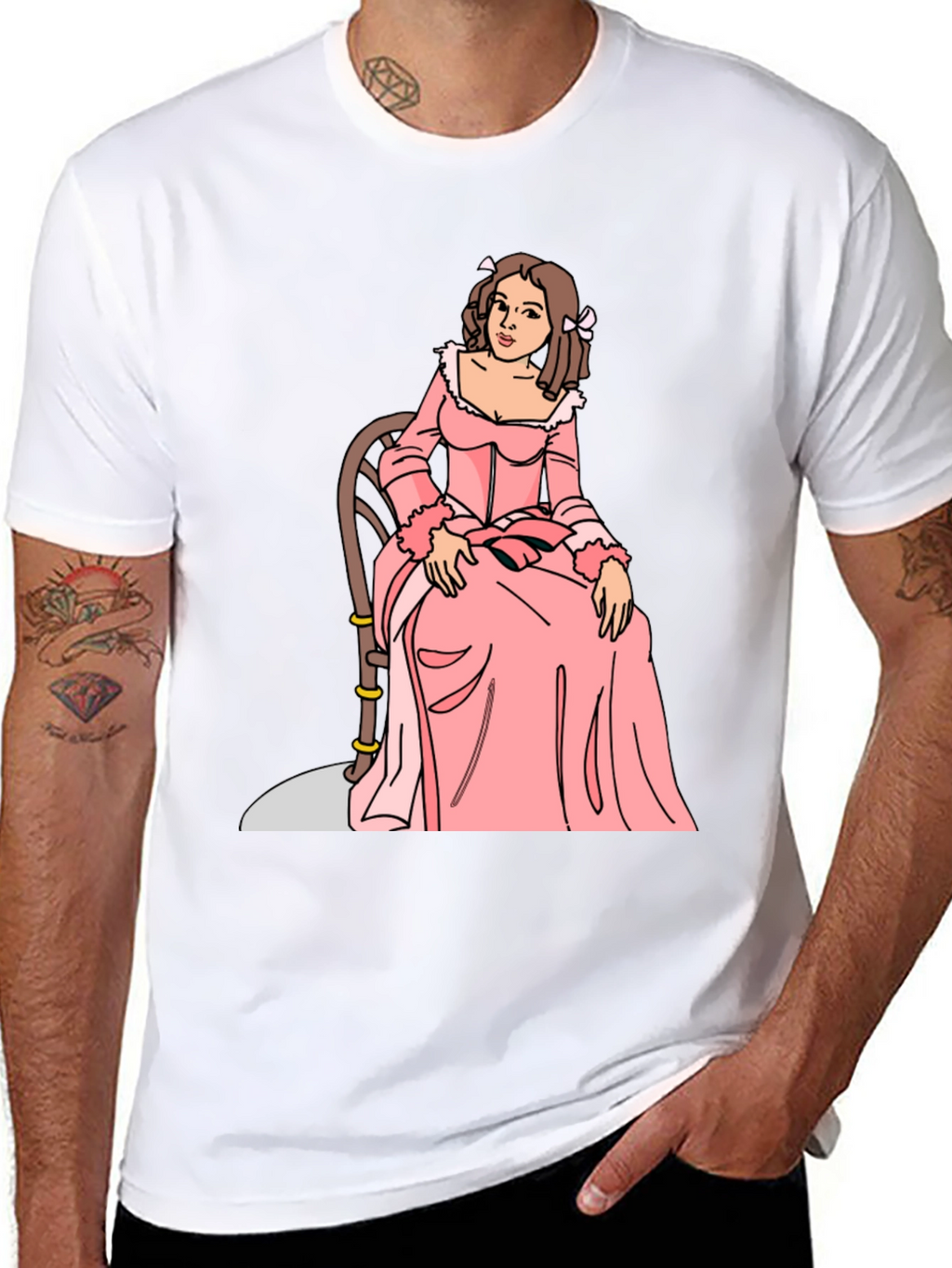 Cartoon Woman Pink Dress Black T-Shirt