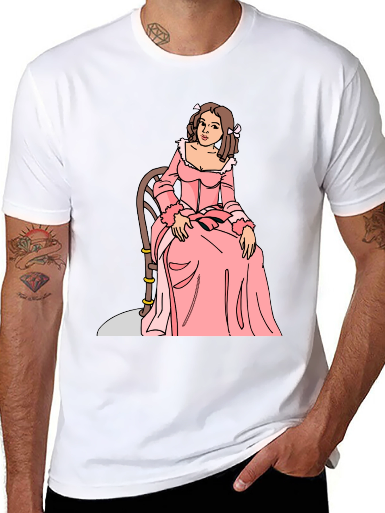 Cartoon Woman Pink Dress Black T-Shirt