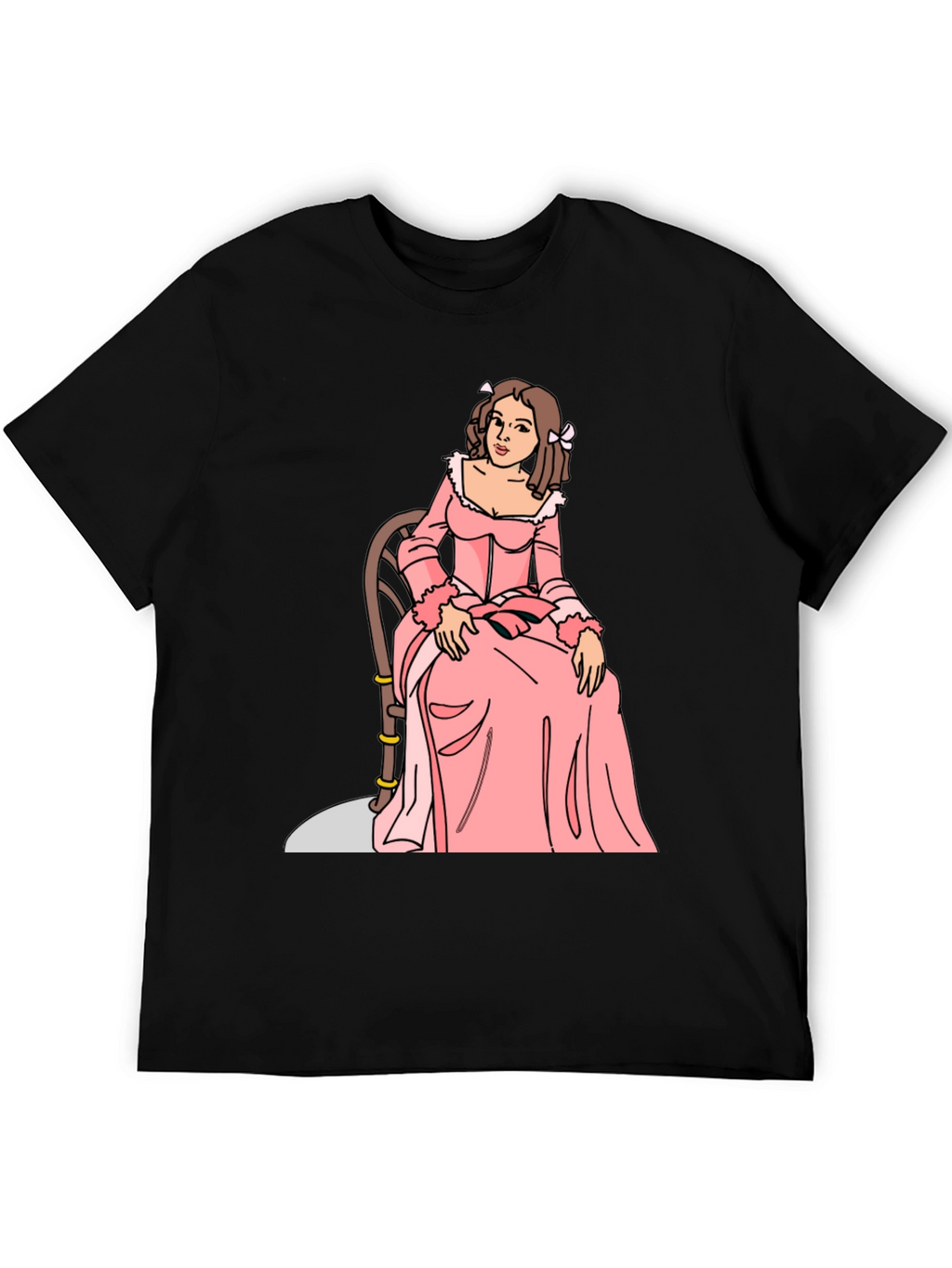 Cartoon Woman Pink Dress Black T-Shirt