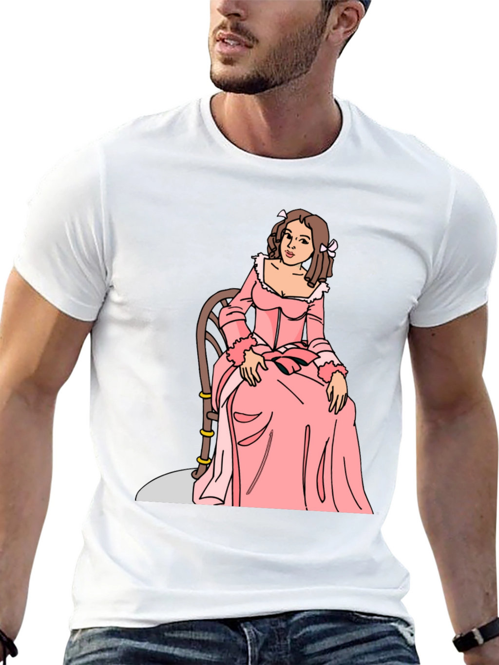 Cartoon Woman Pink Dress Black T-Shirt