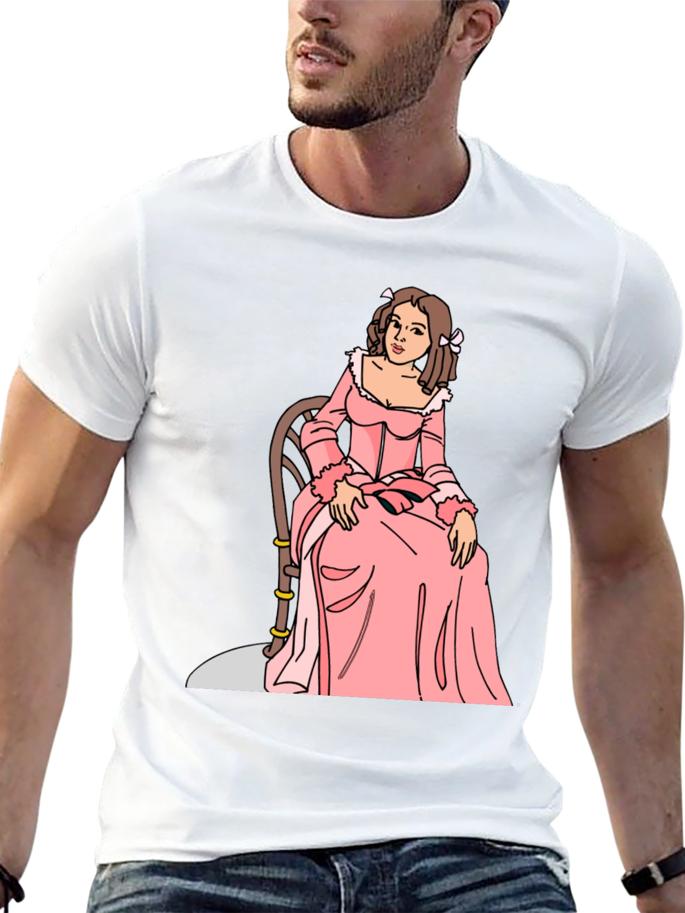 Cartoon Woman Pink Dress Black T-Shirt