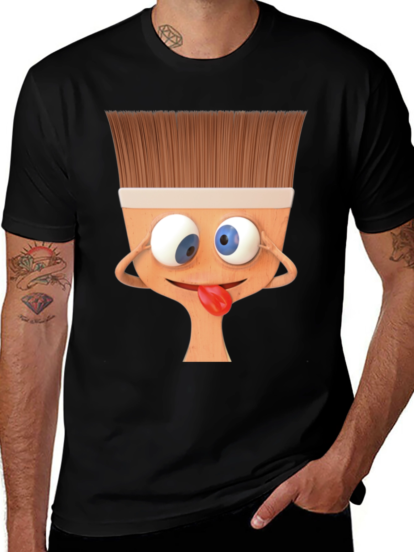 Funny Paintbrush Cartoon Black T-Shirt